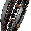 Men’s Layered Bracelet Set with Beads & Braided Leather – Adjustable Magnetic Clasp Wrist Bracelets for Men – Casual & Everyday Style