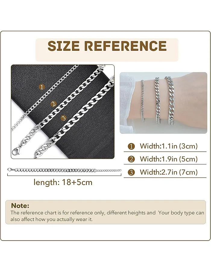 Stainless Steel Curb Bracelet, 3/5/7 mm, Men's Bracelet, Stainless Steel Curb, Cuban Chain Bracelet, Unisex Bracelet, Stainless Steel Curb for HipHop Rapper, 18 + 5 cm Length