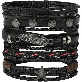 amazingEGP | Multi-Layer Genuine Leather Bracelet, Black, 23 cm, Unisex Braided Handmade with Star and Feather Accents