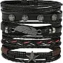 amazingEGP | Multi-Layer Genuine Leather Bracelet, Black, 23 cm, Unisex Braided Handmade with Star and Feather Accents