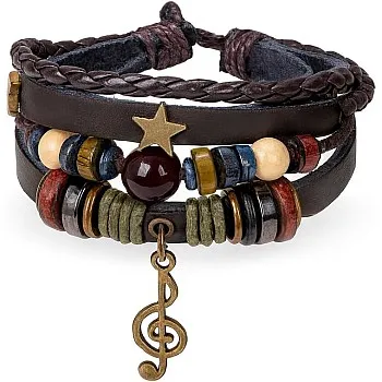 amazingEGP | Unisex Multi-Layer Faux Leather Bracelet, Star and Music Note Charms, Bohemian Style, 6 cm, Adjustable