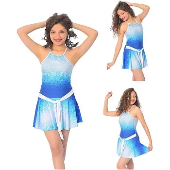 Gradient Blue Ice swimming suit, Halter Neck Design with White Belt, Performance Dance Costume