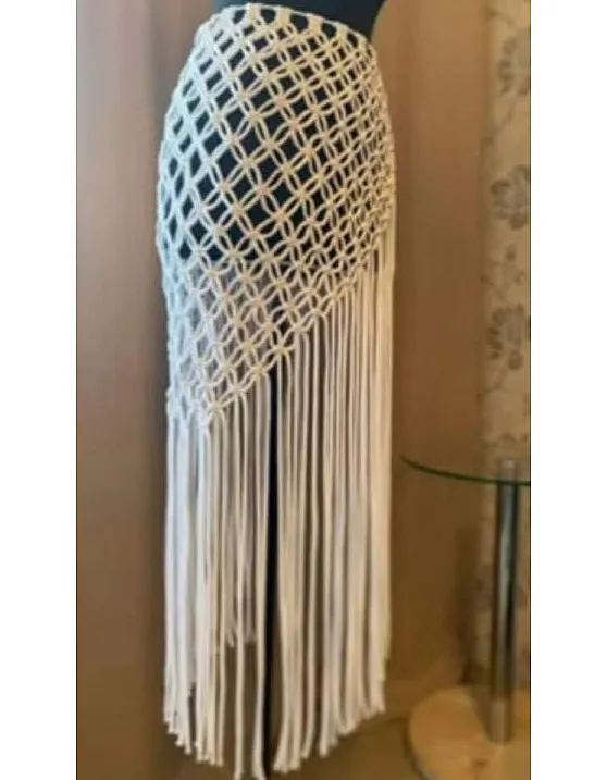Handmade Women's Macrame Mesh Swimsuit with Long Fringe White, One Size
