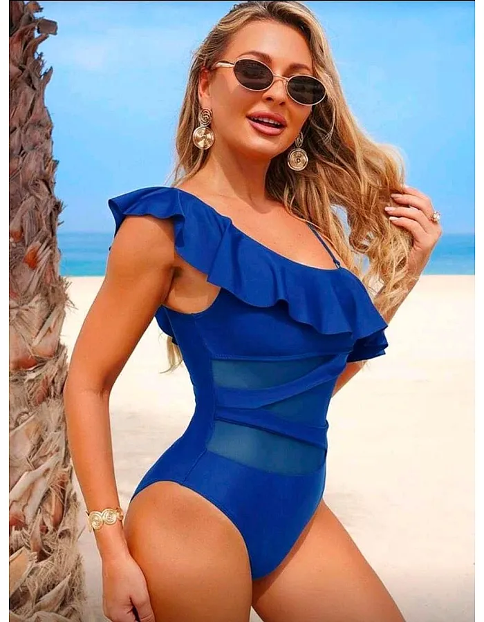 مايوه صيفي بكشكشة وحواف شبكية متباينة للشاطئ من شي ان، قطعة واحدة