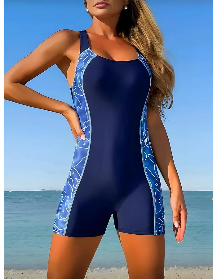 SHEIN F-AS Swimsuit, Swim SPRTY Women's Fashionable Printed Patchwork Swimsuit Set, Made Of High-Elasticity Polyester Knit Fabric, One-Piece Bathing Suits For Summer Beach مايوه حريمي بشورت