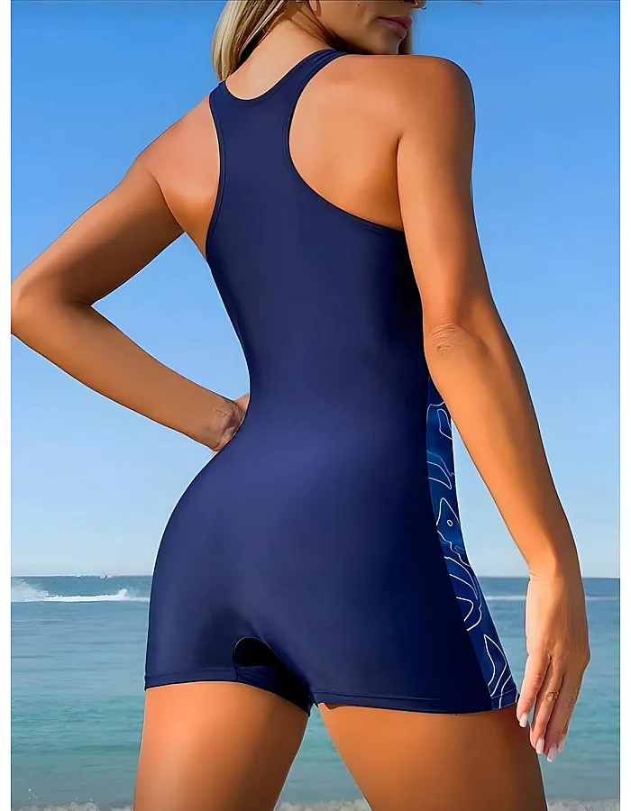 SHEIN F-AS Swimsuit, Swim SPRTY Women's Fashionable Printed Patchwork Swimsuit Set, Made Of High-Elasticity Polyester Knit Fabric, One-Piece Bathing Suits For Summer Beach مايوه حريمي بشورت