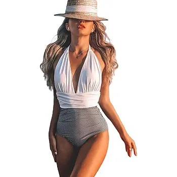 Women's V-Neck Halter Backless One Piece Swimsuit – Tummy Control Ruched Bathing Suit with Removable Pads, Crisscross Slimming Design for Beach, Pool & Red Sea Vacations