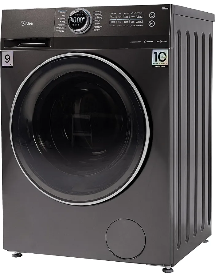 غسالة من ميديا موديل MF200W90B/TTC بتحميل أمامي سعة 9 كيلوجرام باللون الرمادي التيتانيوم مع غسيل تيربو وبخار وإنفرتر