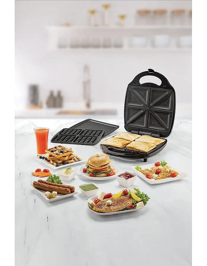Black & Decker 1400W 3-in-1 4 Slice Sandwich & Waffle Maker with 180 Degree Grill Mode with Interchangeable Plate, TS4130-B5, 2 Years Warranty