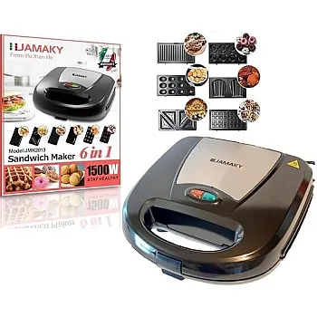 Jamaki 6 in 1 Sandwich Maker Waffle Maker 1500W Non-Stick Coating Machine Buckle Easy to Use and Clean Versatile for Waffles Sandwich Donut Walnut-jmk2013