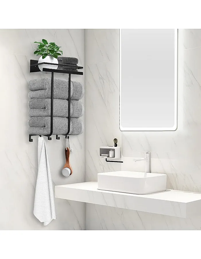 رف مناشف للحمام مثبت على الحائط مع رف معدني و5 خطافات للحمام ، حامل مناشف للحمام،اللون أسود
