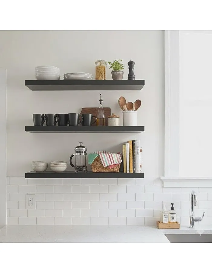 رفوف حائط خشبية MDF، تصميم عصري، مقاومة للماء والخدوش، 50×15 سم، 3 قطع، مع مستلزمات التثبيت، للمطبخ وغرف النوم والمكتب (أسود)