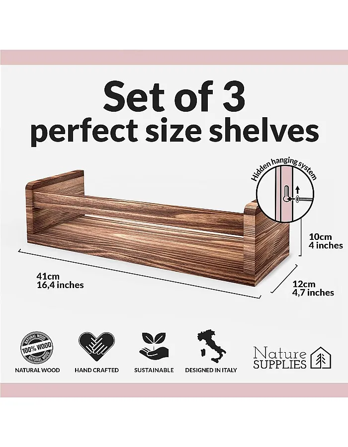 NATURE SUPPLIES Set of 3 Nursery Shelves Wall Mounted Children’s Wooden Floating Bookshelf for Bedroom, Bathroom, Kitchen Storage Shelves Kids Decor, Brown