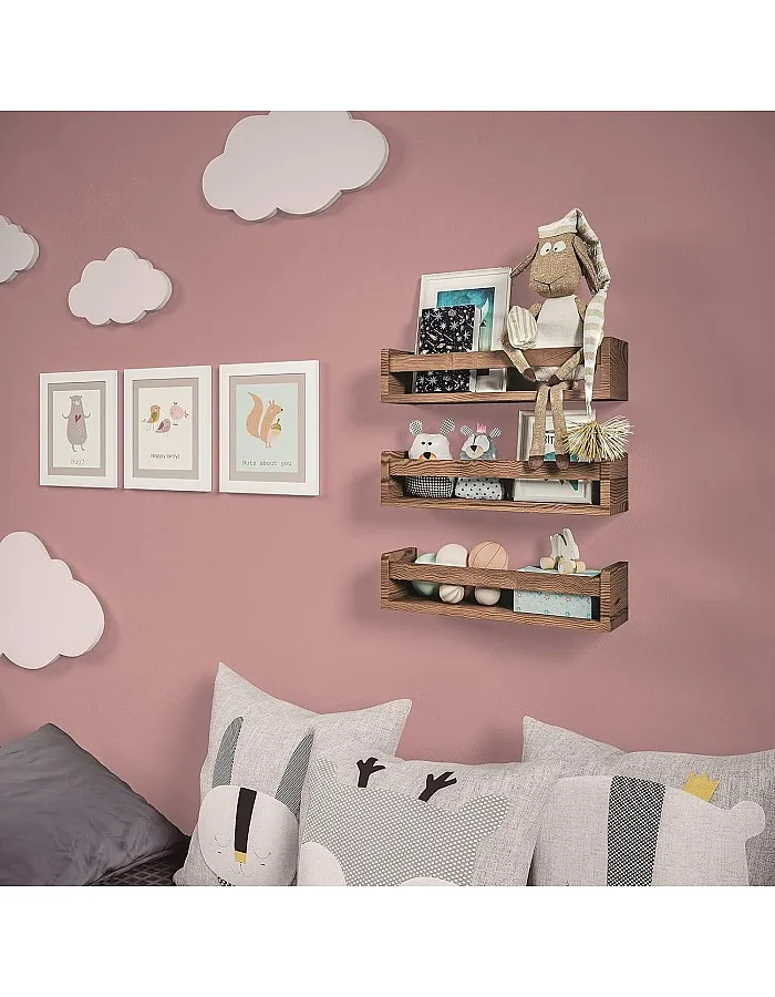 NATURE SUPPLIES Set of 3 Nursery Shelves Wall Mounted Children’s Wooden Floating Bookshelf for Bedroom, Bathroom, Kitchen Storage Shelves Kids Decor, Brown
