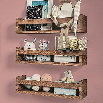 NATURE SUPPLIES Set of 3 Nursery Shelves Wall Mounted Children’s Wooden Floating Bookshelf for Bedroom, Bathroom, Kitchen Storage Shelves Kids Decor, Brown