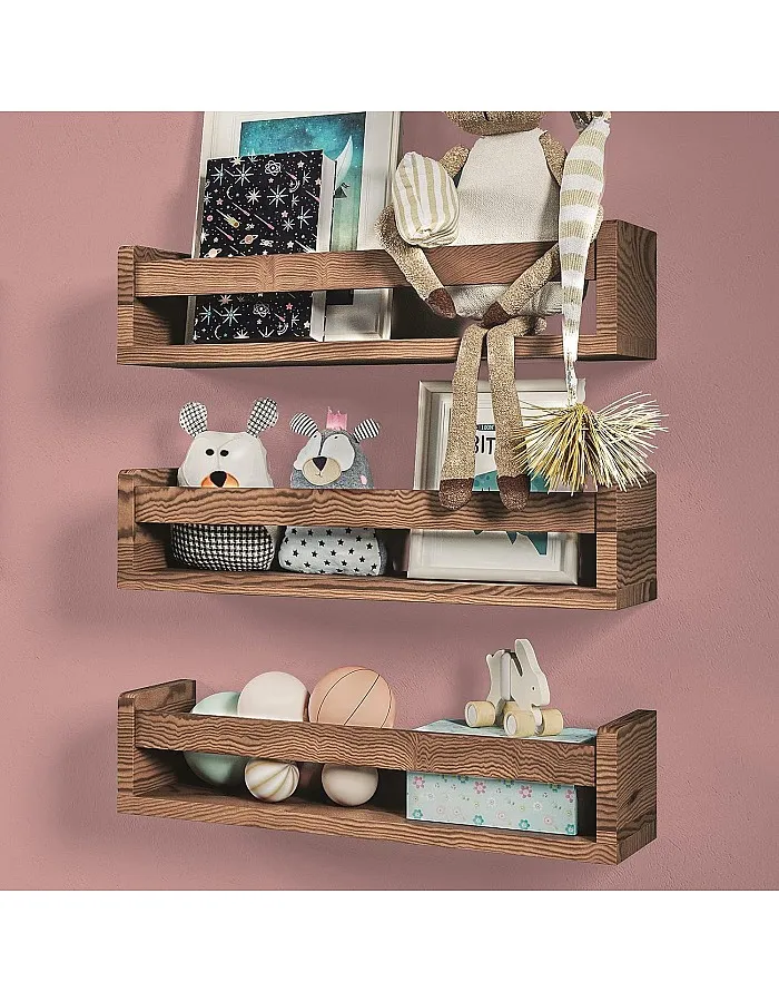 NATURE SUPPLIES Set of 3 Nursery Shelves Wall Mounted Children’s Wooden Floating Bookshelf for Bedroom, Bathroom, Kitchen Storage Shelves Kids Decor, Brown