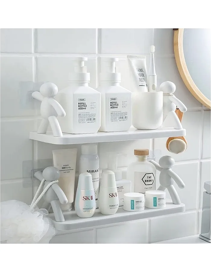 Qiikoea White Floating Shelves Humanoid Design Wall Mounted Bathroom Shelves No Drilling Waterproof Shower Organizer for Inside Shower Kitchen Storage, 2 Pack