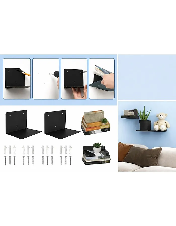 invisible Floating Bookshelf – Hidden Wall Mount Metal Book Shelf – Space Saving Minimalist Book Holder Rack – Heavy Duty Steel (Black) (3)