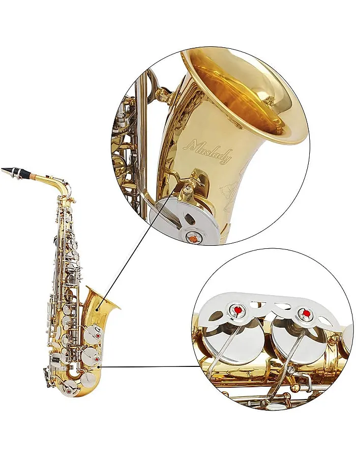 Btuty Alto Saxophone in Shiny Brass - E-Flat Engraving with Natural White Shell Buttons, Case, Gloves, Cleaning Cloth, Mute, Belt and Brush