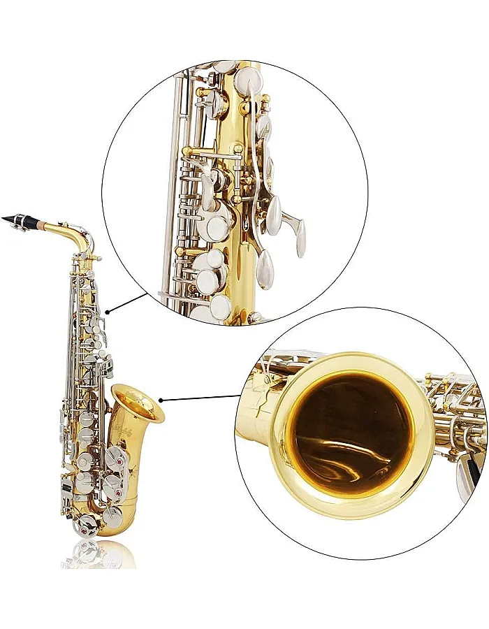 Btuty Alto Saxophone in Shiny Brass - E-Flat Engraving with Natural White Shell Buttons, Case, Gloves, Cleaning Cloth, Mute, Belt and Brush
