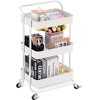 TOOLF 3 Tier Metal Rolling Cart, Utility Cart with Handle, Multifunction Storage Cart with Lockable Wheels, Serving Organizer Trolley with Mesh Basket for Kitchen, Bathroom, Office