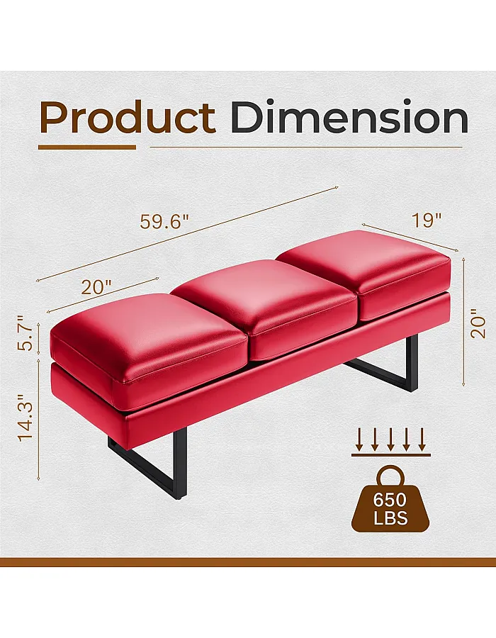 JUMMICO Office Chair Seating Waiting Room Chair, 59.6 inches Upholered Reception Bench 3 Seat Faux Leather Office Guest Chair Conference Room Chair for Salon and Shop (Red)