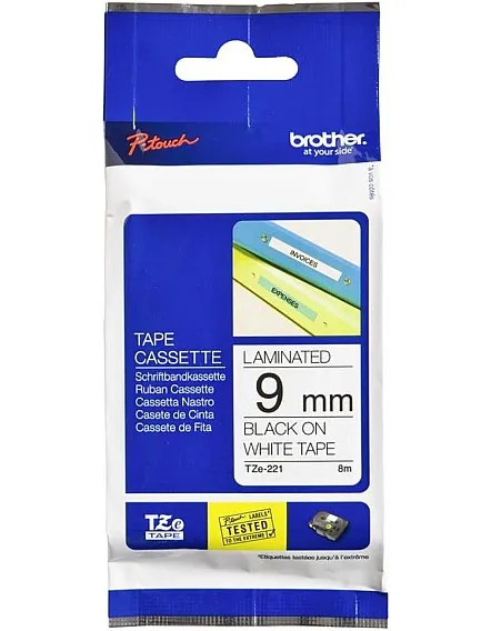 شريط كاسيت مرققTZe-221 للتغليف بمقاس 9 ملم عرض × 8 طول بلون اسود على ابيض مسلتزمات اصلية من براذر