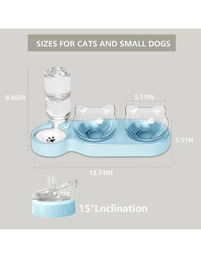 3-In-1 Cat Food and Water Bowl Set, 15° Angled Design, Double Cat Bowls with Removable Water Bottle, Non-Slip Kitten Food Bowls For Cats & Dogs, BPA-Free & Easy Clean‌ - Blue
