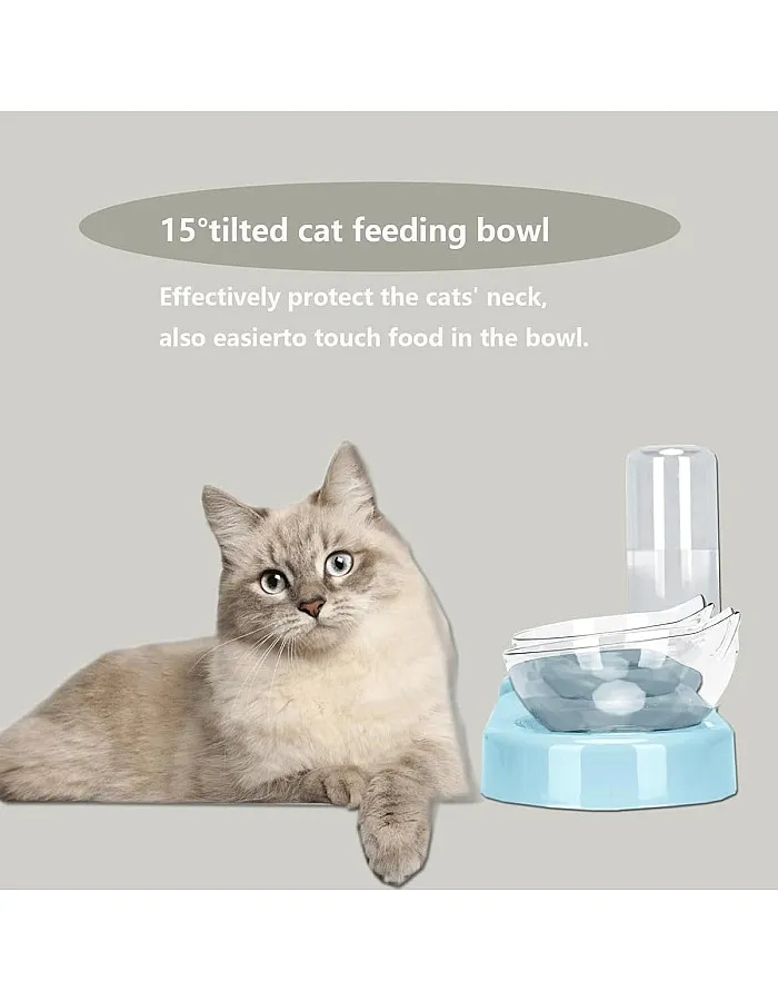 3-In-1 Cat Food and Water Bowl Set, 15° Angled Design, Double Cat Bowls with Removable Water Bottle, Non-Slip Kitten Food Bowls For Cats & Dogs, BPA-Free & Easy Clean‌ - Blue