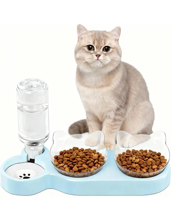 3-In-1 Cat Food and Water Bowl Set, 15° Angled Design, Double Cat Bowls with Removable Water Bottle, Non-Slip Kitten Food Bowls For Cats & Dogs, BPA-Free & Easy Clean‌ - Blue