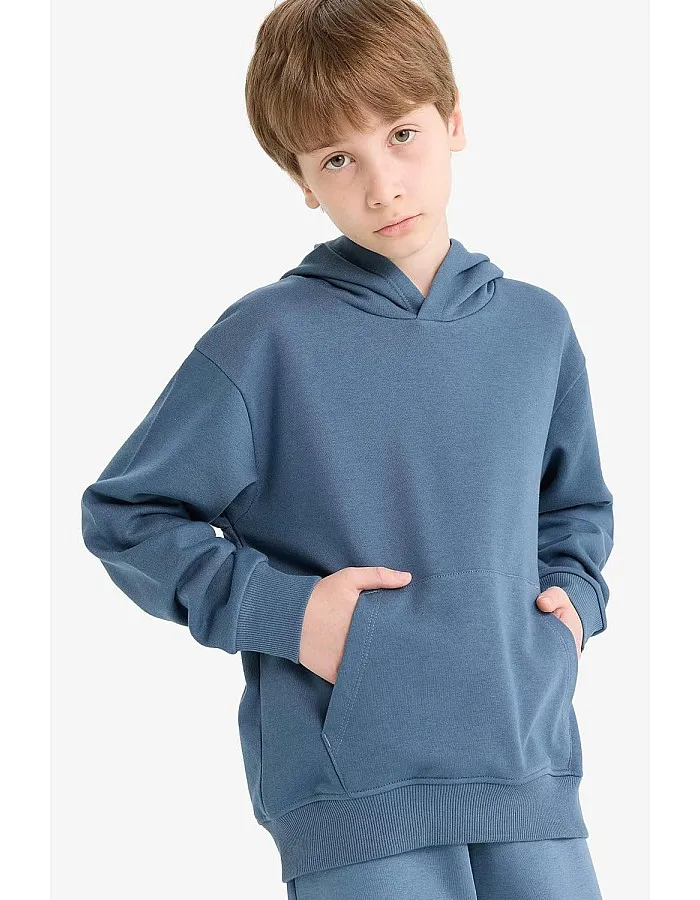 DeFacto Boy Casual Regular Fit Hooded Long Sleeve Knitted Sweat Shirt E9558A8, Light Indigo11/12 Y