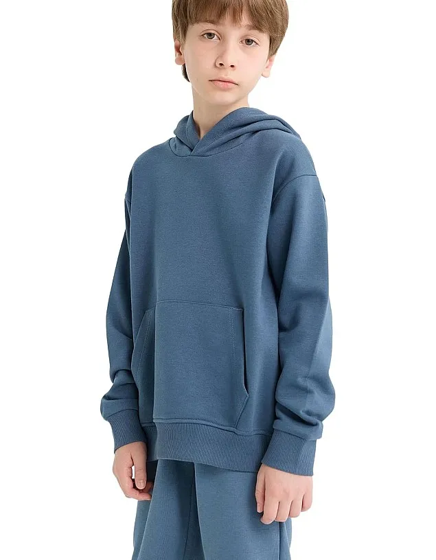 DeFacto Boy Casual Regular Fit Hooded Long Sleeve Knitted Sweat Shirt E9558A8, Light Indigo11/12 Y