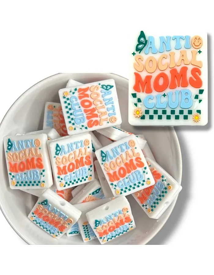 Decorative Silicone Beads, Anti Social Moms Club Design, 4-Piece Set, White with Multicolour Pattern