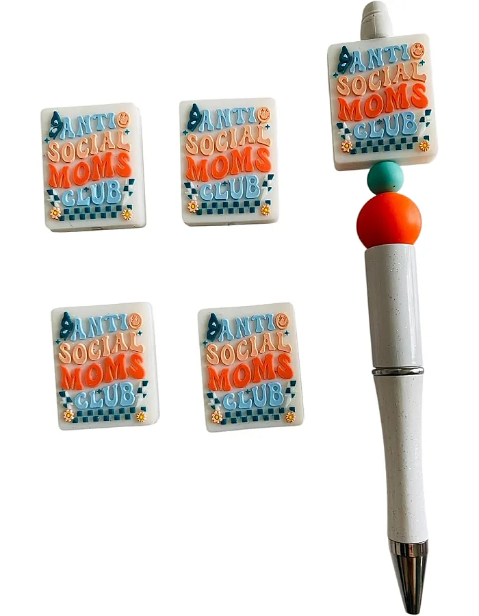 Decorative Silicone Beads, Anti Social Moms Club Design, 4-Piece Set, White with Multicolour Pattern
