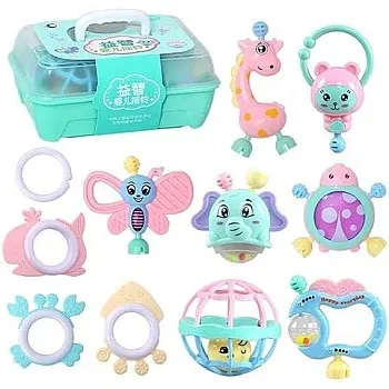 Baby Rattle and Teether Set, 10 Pieces, Pastel Pink and Mint Green Storage Box, Animal Designs