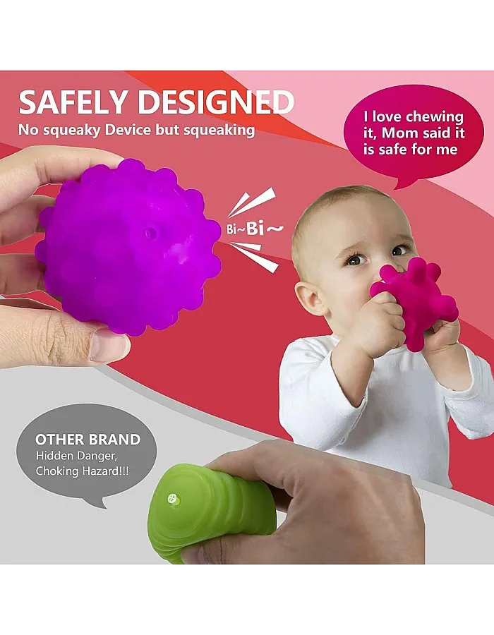 Mumoo Bear Baby Sensory Ball, Bath Water Toys Textured Squeeze Soft Balls Squeaks Baby Grasp Ball Great Variety Buddies BPA Free Developmental Newborn for Kids Babies Toddlers,(6 in 1 Kit)