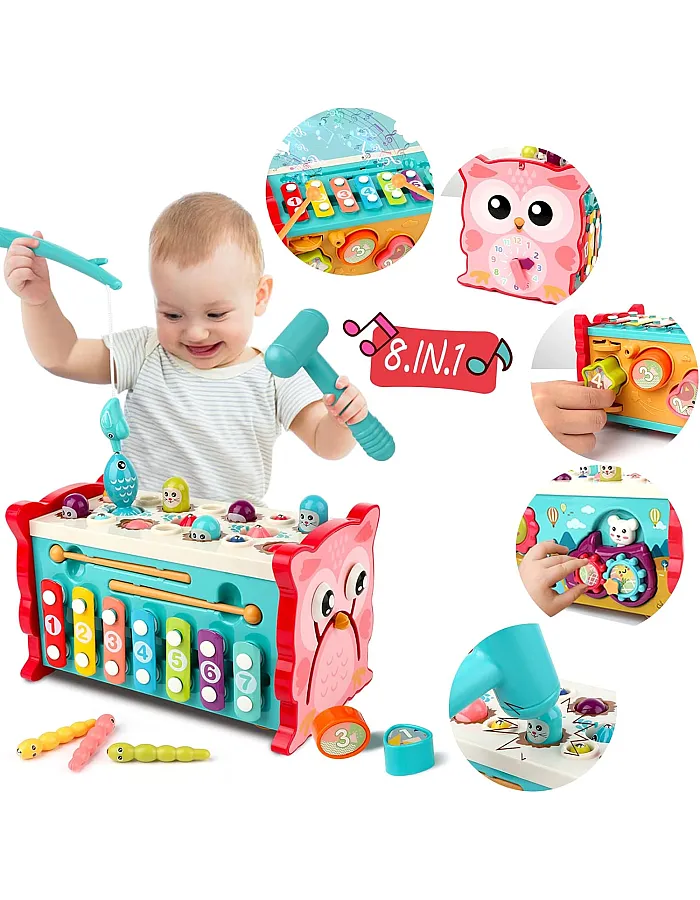wakeInsa 8 in 1 Toddler Activity Cube,Toddler Montessori Toys,Fine Motor Skills Toys,Xylophone for Toddlers,Whack a Mole Game,Magnetic Fishing Game,Baby Learning Toy,Toddler Sensory Educational Toy