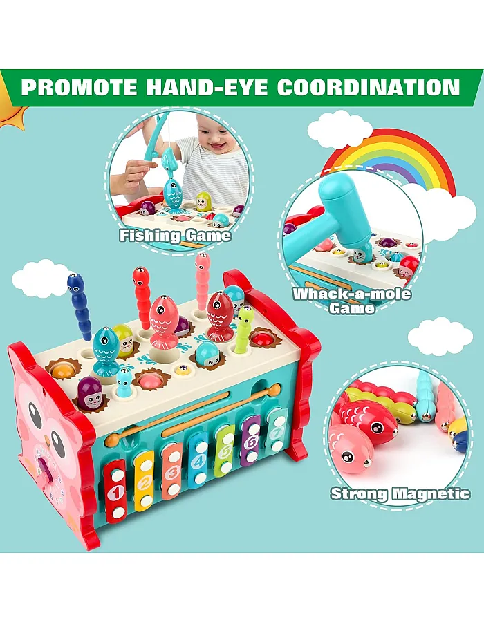 wakeInsa 8 in 1 Toddler Activity Cube,Toddler Montessori Toys,Fine Motor Skills Toys,Xylophone for Toddlers,Whack a Mole Game,Magnetic Fishing Game,Baby Learning Toy,Toddler Sensory Educational Toy
