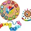 Wooden Shape Sorting Clock + Wooden Threading Beads, Digital and Animal Pattern, Seat for Children