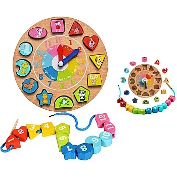 Wooden Shape Sorting Clock + Wooden Threading Beads, Digital and Animal Pattern, Seat for Children