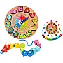 Wooden Shape Sorting Clock + Wooden Threading Beads, Digital and Animal Pattern, Seat for Children