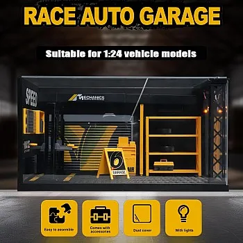 1/24 Garage Scene Model,Car Display Case Diecast Diorama Garage Miniature Scene Parking Lot PVC Assembly with Light Parking Space Model Display Frame Toy Display Box