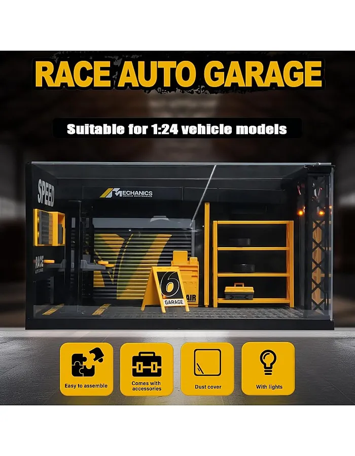 1/24 Garage Scene Model,Car Display Case Diecast Diorama Garage Miniature Scene Parking Lot PVC Assembly with Light Parking Space Model Display Frame Toy Display Box