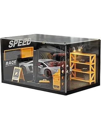 1/24 Garage Scene Model,Car Display Case Diecast Diorama Garage Miniature Scene Parking Lot PVC Assembly with Light Parking Space Model Display Frame Toy Display Box