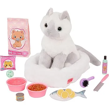 Our Generation Pet Cat Bed & Accessories for 46 cm Dolls, White Cat Plush