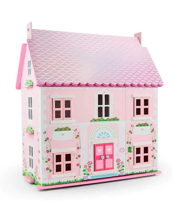 Rosebud House Classic Wooden Dolls Home with Dolls & Furniture, Pink, 9x14x1 cm, Plastic