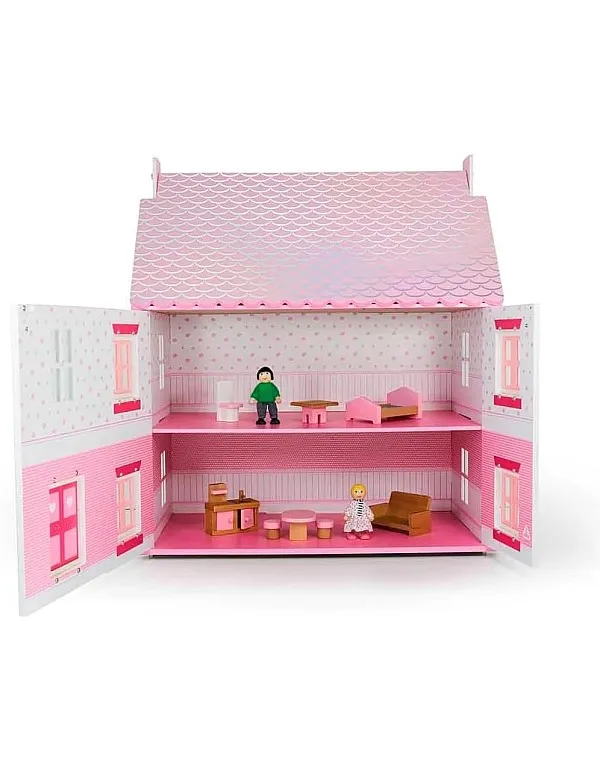 Rosebud House Classic Wooden Dolls Home with Dolls & Furniture, Pink, 9x14x1 cm, Plastic