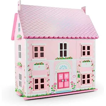 Rosebud House Classic Wooden Dolls Home with Dolls & Furniture, Pink, 9x14x1 cm, Plastic