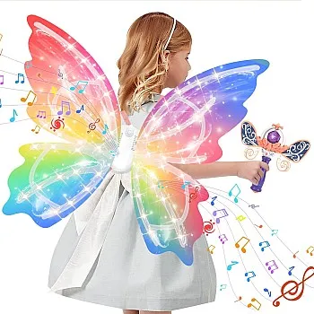 Electric Fairy Wings and princess wand for Girls, Princess Dress up Costume, Moving Butterfly Wings with LED Lights and Music, Toys for Kids as Halloween Birthday Christmas Party Cosplay Gift