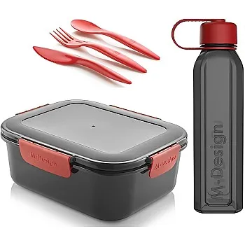 M-Design Lunch Set - 2.1L Lunch Box, 800ml Water Bottle & 3pc. Cutlery Set - Black